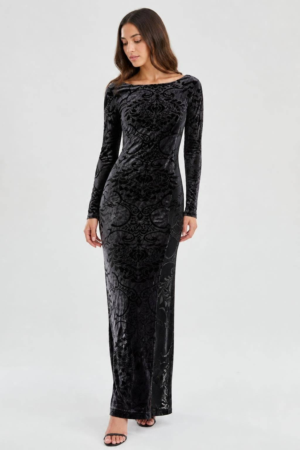 Black Velvet Burnout Baroque Maxi Dress - pre-loved at Why Go Less, Lebanon