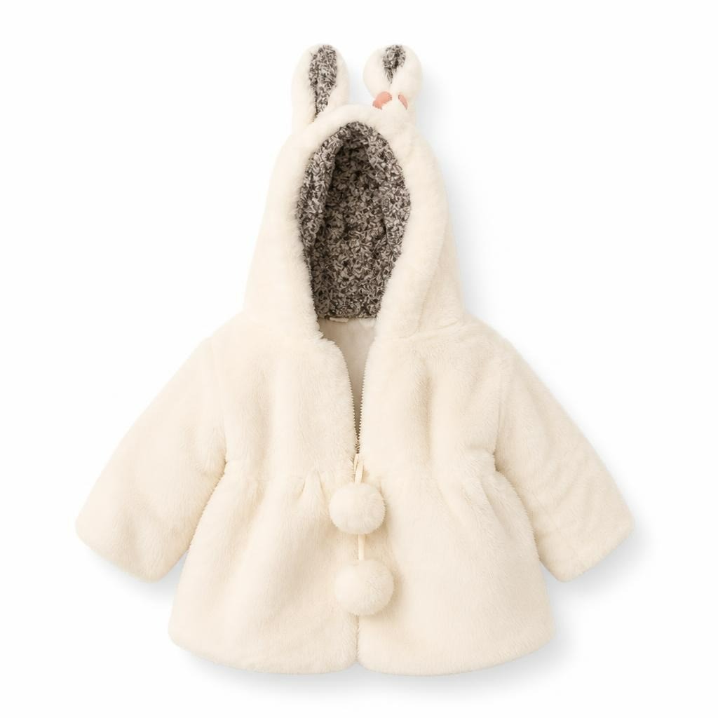 White Bunny Ear Hooded Faux Fur Baby Jacket - pre-loved at Why Go Less, Lebanon