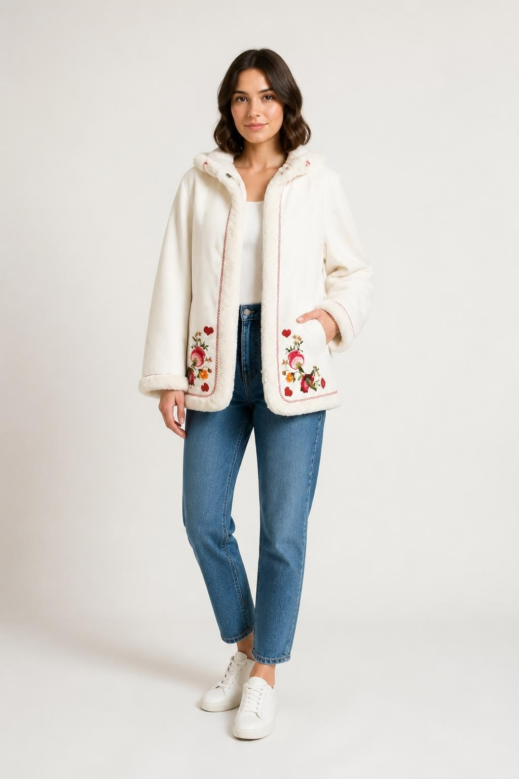 H&M White Floral Embroidered Sherpa Lined Vest - pre-loved at Why Go Less, Lebanon