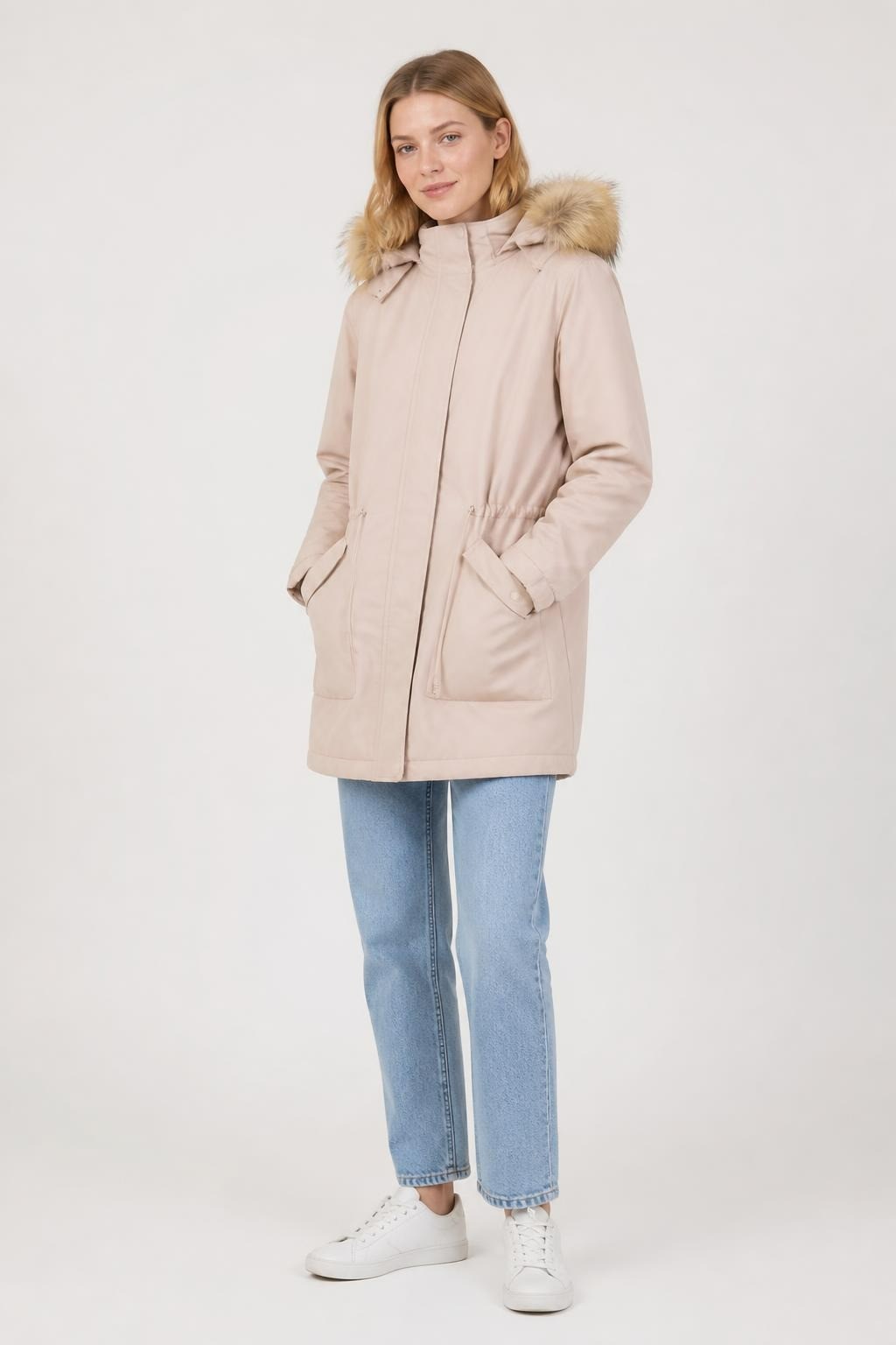 Beige Puffer Jacket with Fur-trim Hood - pre-loved at Why Go Less, Lebanon