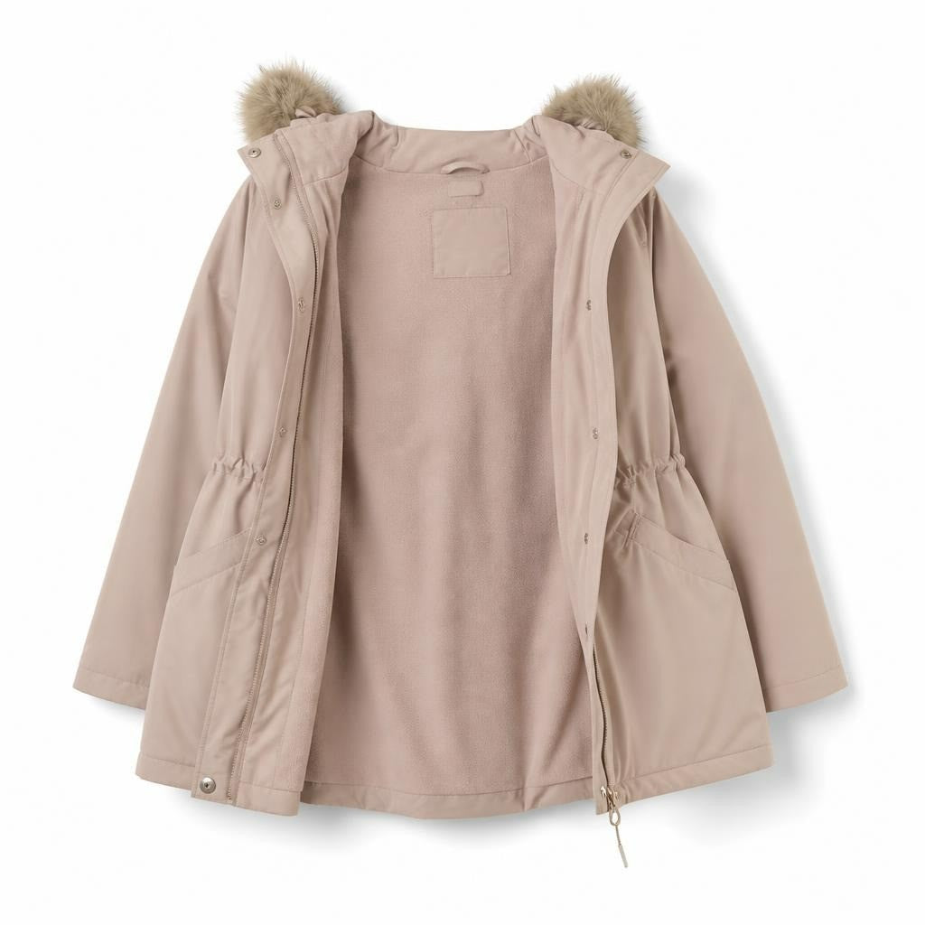 Beige Puffer Jacket with Fur-trim Hood - pre-loved at Why Go Less, Lebanon