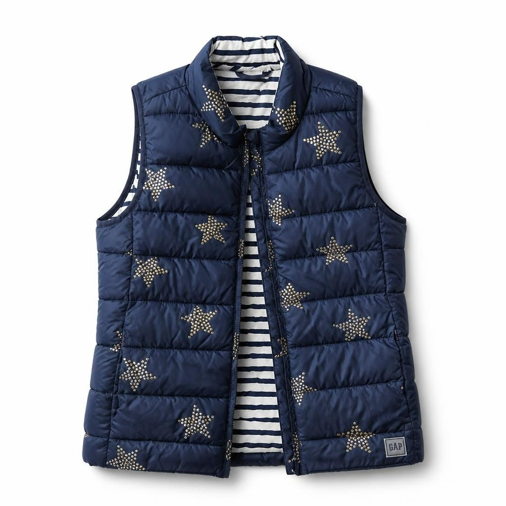GAP Kids Navy Star Print Puffer Vest - pre-loved at Why Go Less, Lebanon