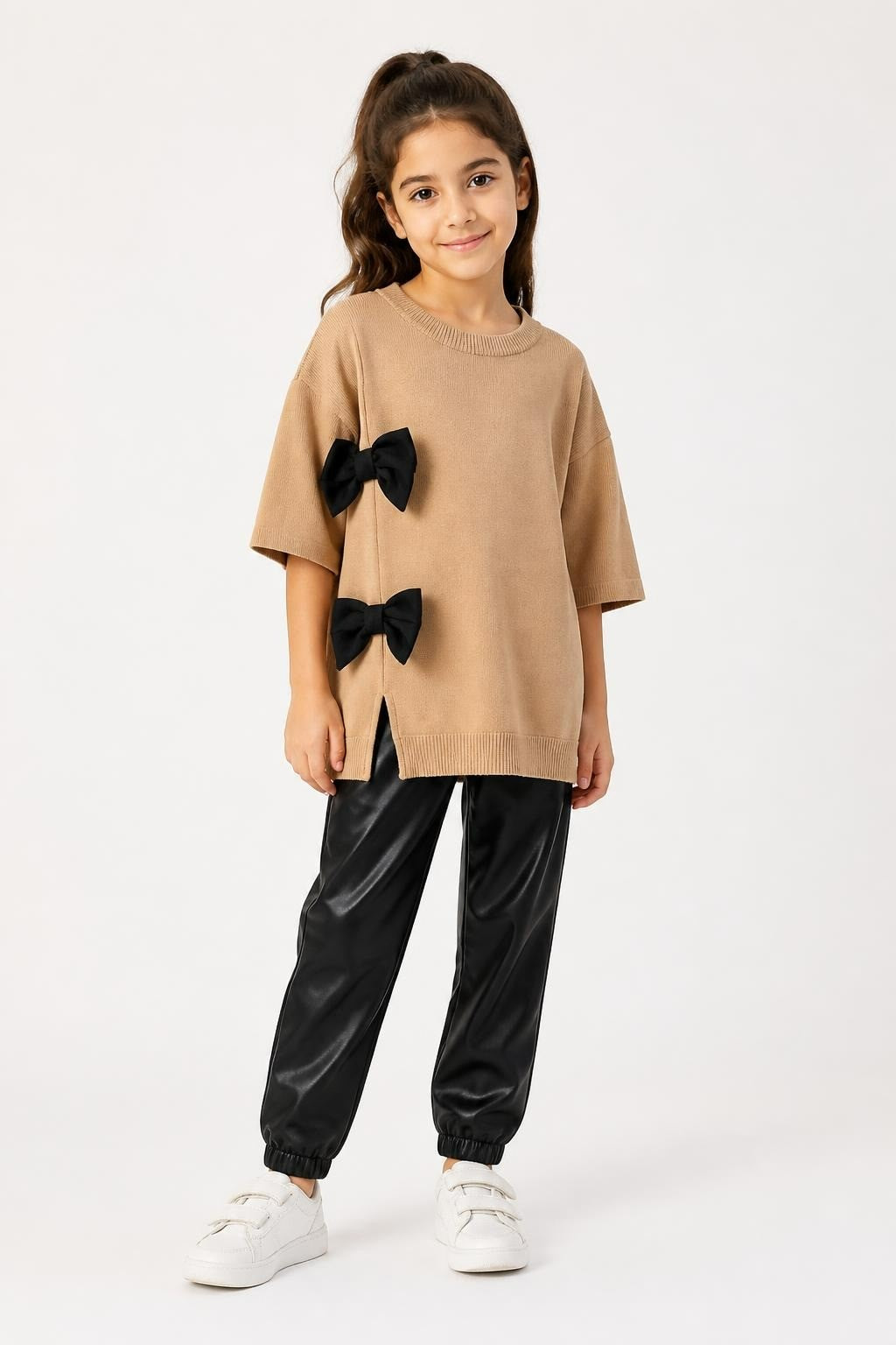 Zara Beige Knit Sweater Black Bow Accents Kids - pre-loved at Why Go Less, Lebanon