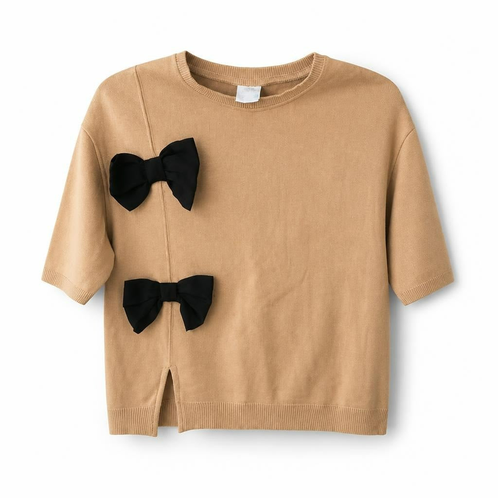 Zara Beige Knit Sweater Black Bow Accents Kids - pre-loved at Why Go Less, Lebanon