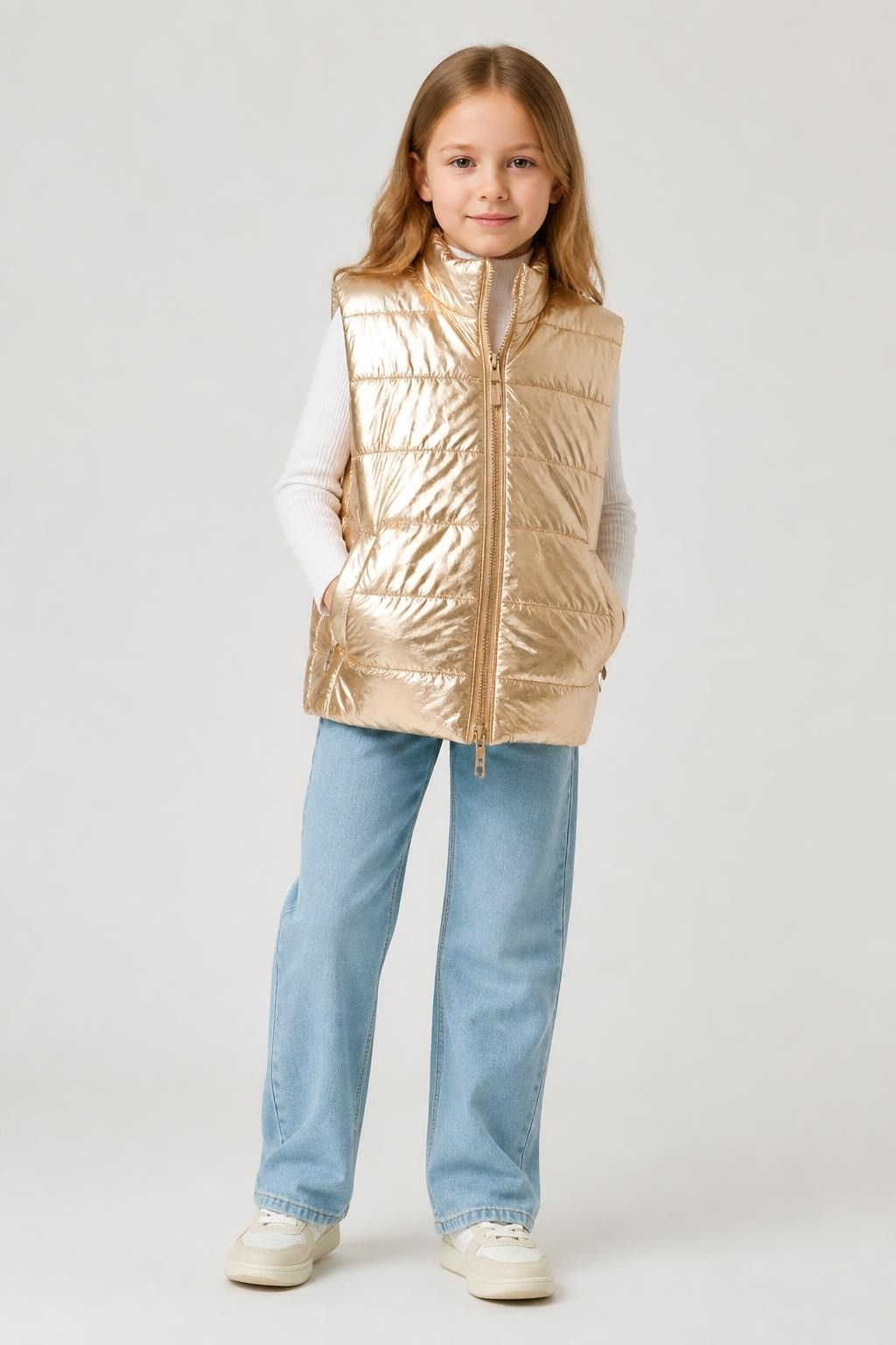 Old Navy Metallic Gold Puffer Vest Kids - pre-loved at Why Go Less, Lebanon