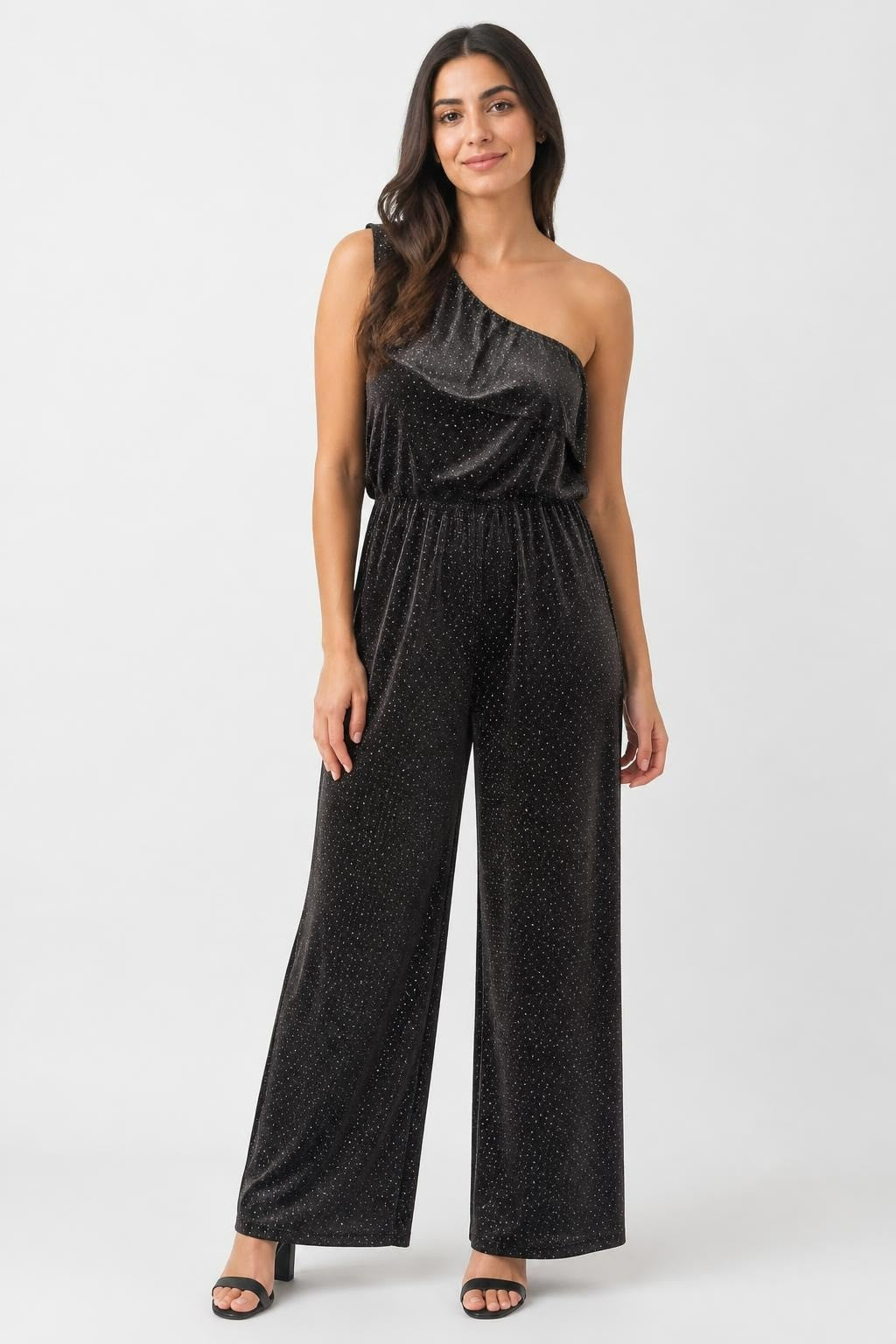 Zara Black Glitter One-shoulder Ruffle Jumpsuit - pre-loved at Why Go Less, Lebanon