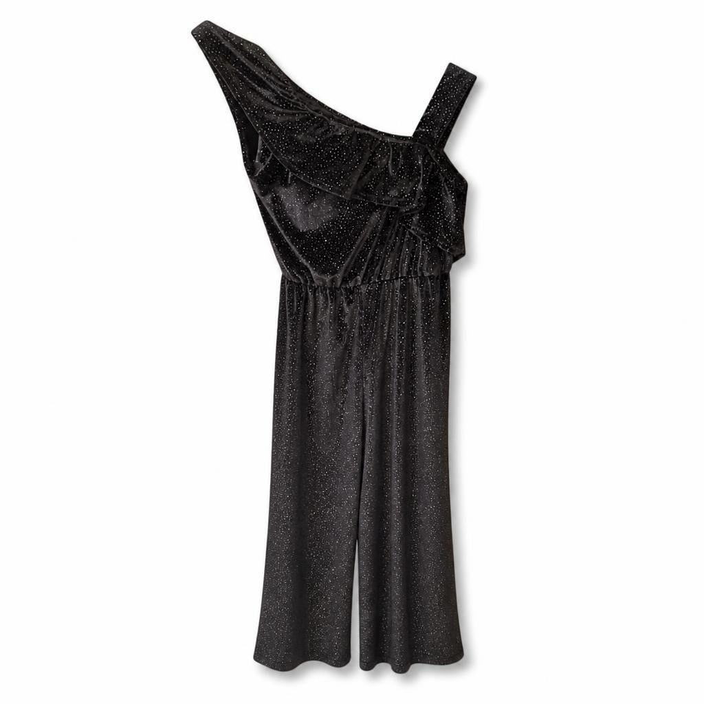 Zara Black Glitter One-shoulder Ruffle Jumpsuit - pre-loved at Why Go Less, Lebanon