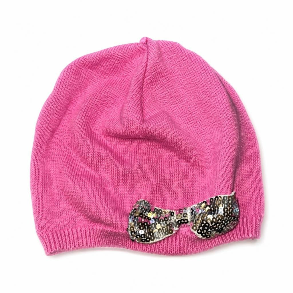 Pink Knit Beanie Hat Sequin Bow Detail - pre-loved at Why Go Less, Lebanon