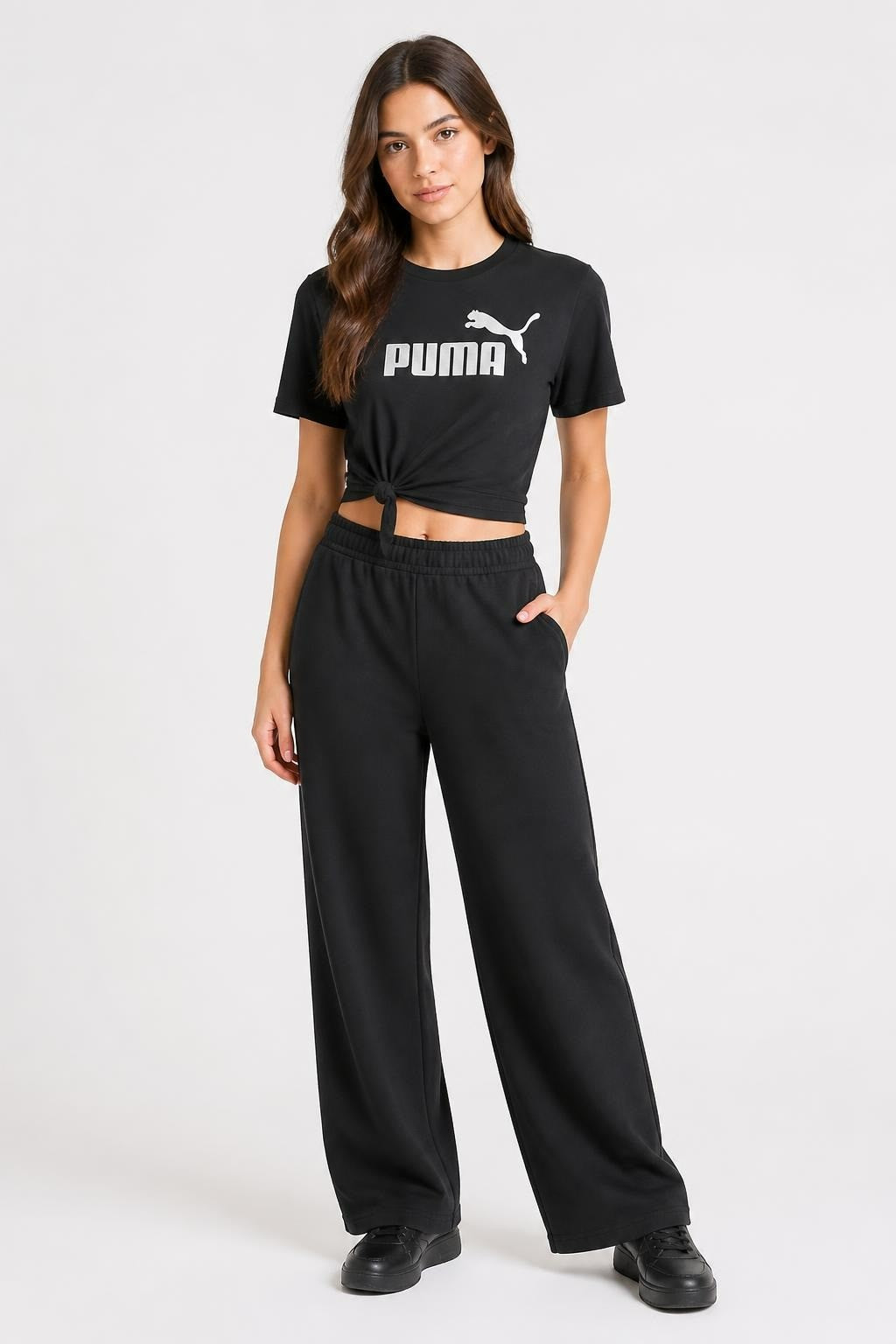 Puma Black Crop Tee Silver Logo - pre-loved at Why Go Less, Lebanon