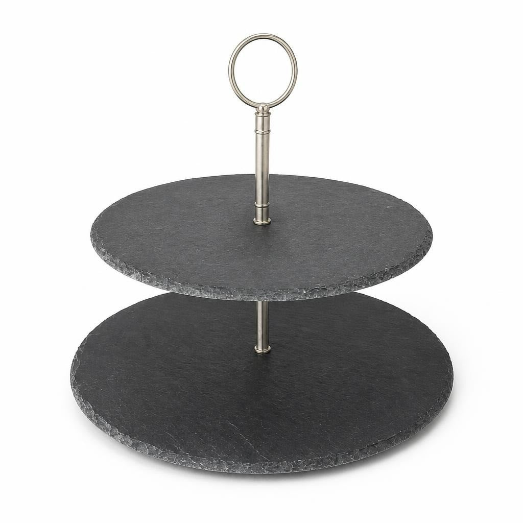 2-tier Slate Cake Stand, Dark Grey & Silver - pre-loved at Why Go Less, Lebanon