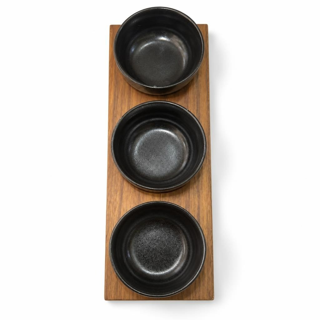 Black Ceramic Tapas Bowls Set of 3 on Wood Tray - pre-loved at Why Go Less, Lebanon