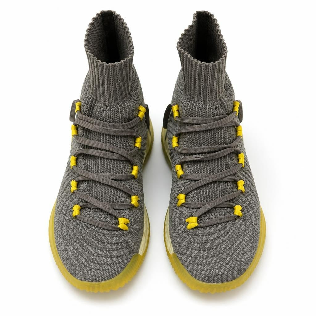 Adidas Basket Ball Grey Yellow High-top Knit Basketball Sneakers - pre-loved at Why Go Less, Lebanon