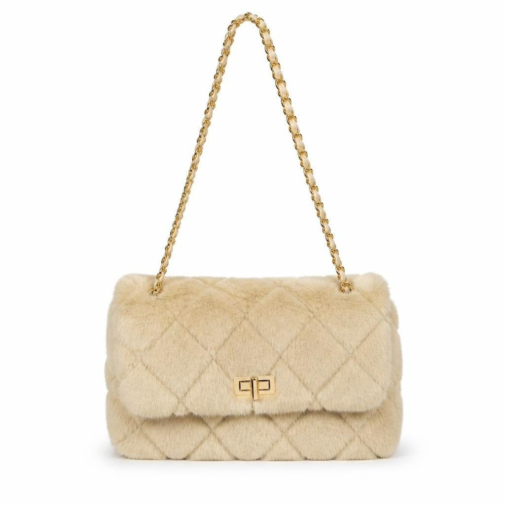 Ritika Fluffy Quilted Crossbody Bag, Beige, Gold Chain Strap - pre-loved at Why Go Less, Lebanon