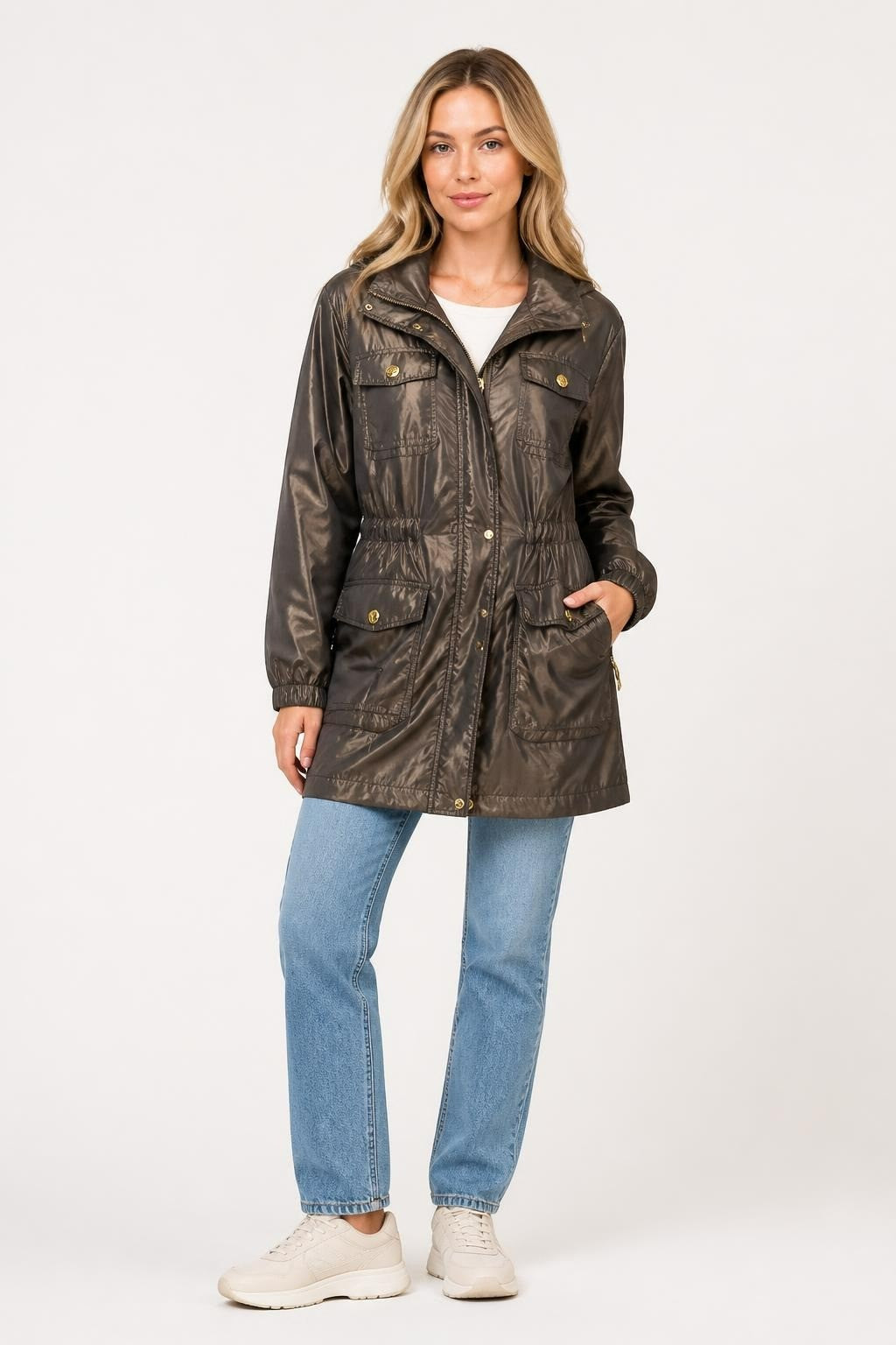 Dark Brown Utility Jacket, Gold Buttons, Windbreaker - pre-loved at Why Go Less, Lebanon