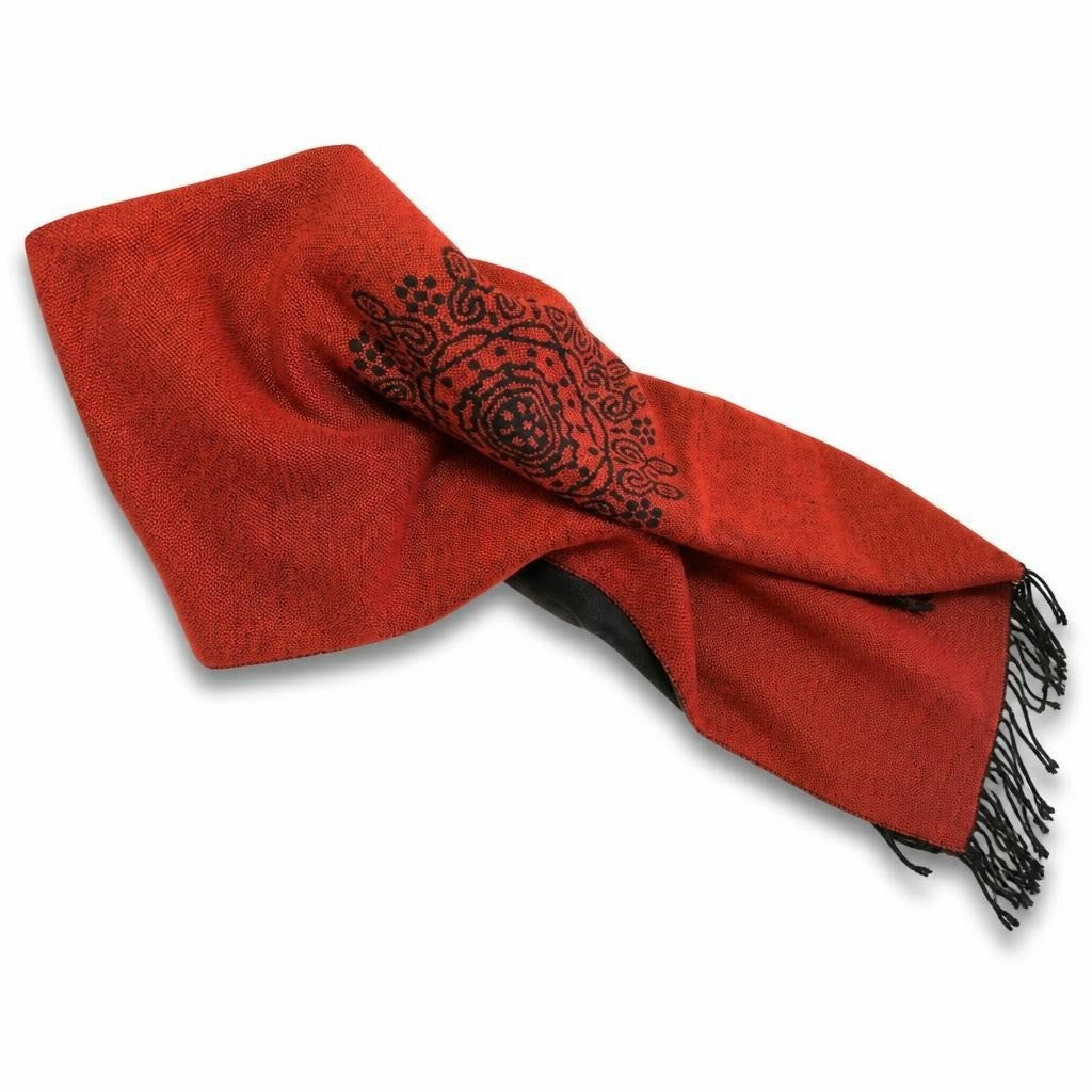 Rust Red Paisley Print Scarf with Fringe Trim - pre-loved at Why Go Less, Lebanon