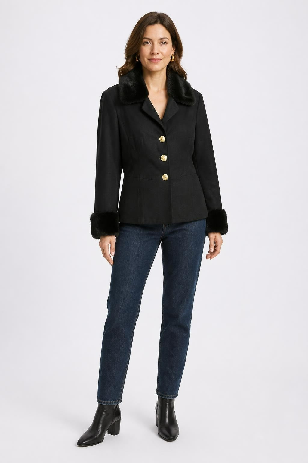 Black Blazer Faux Fur Collar & Cuffs Gold Buttons - pre-loved at Why Go Less, Lebanon