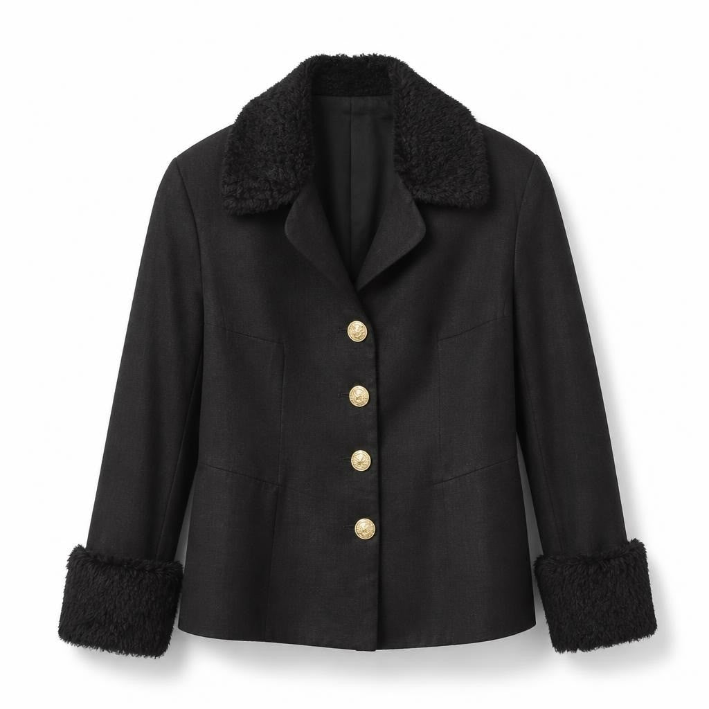 Black Blazer Faux Fur Collar & Cuffs Gold Buttons - pre-loved at Why Go Less, Lebanon (2)