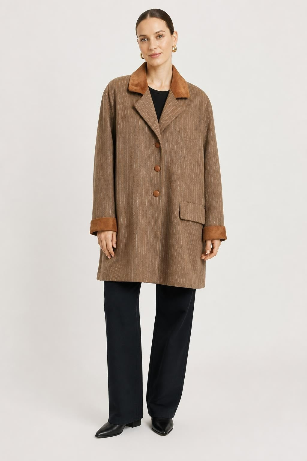 Brown Pinstripe Blazer Suede Collar & Buttons - pre-loved at Why Go Less, Lebanon