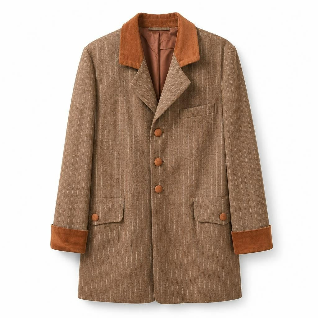 Brown Pinstripe Blazer Suede Collar & Buttons - pre-loved at Why Go Less, Lebanon (2)