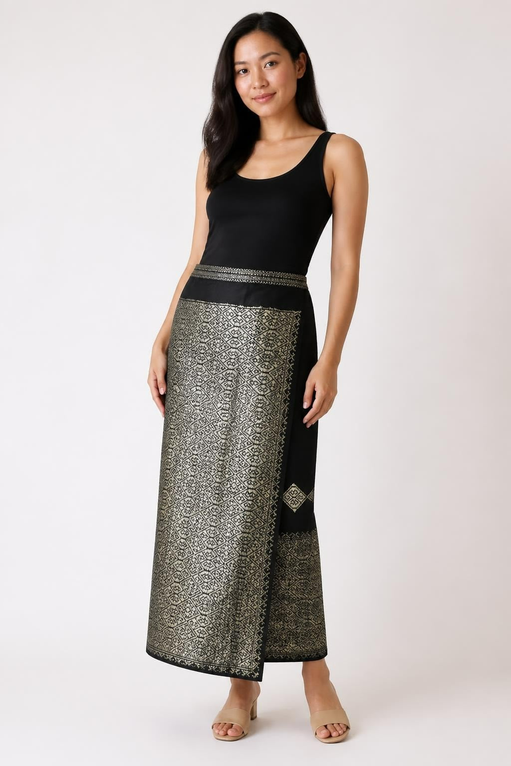 Black Gold Silver Brocade Metallic Midi Skirt - pre-loved at Why Go Less, Lebanon