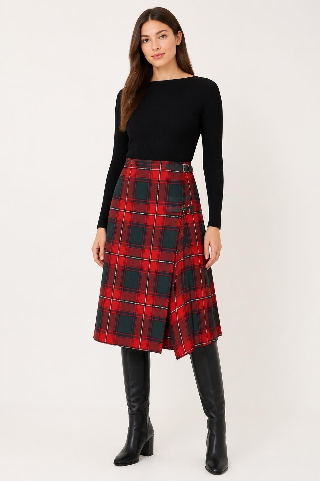 Red Green Tartan Plaid Wrap Mini Skirt - pre-loved at Why Go Less, Lebanon