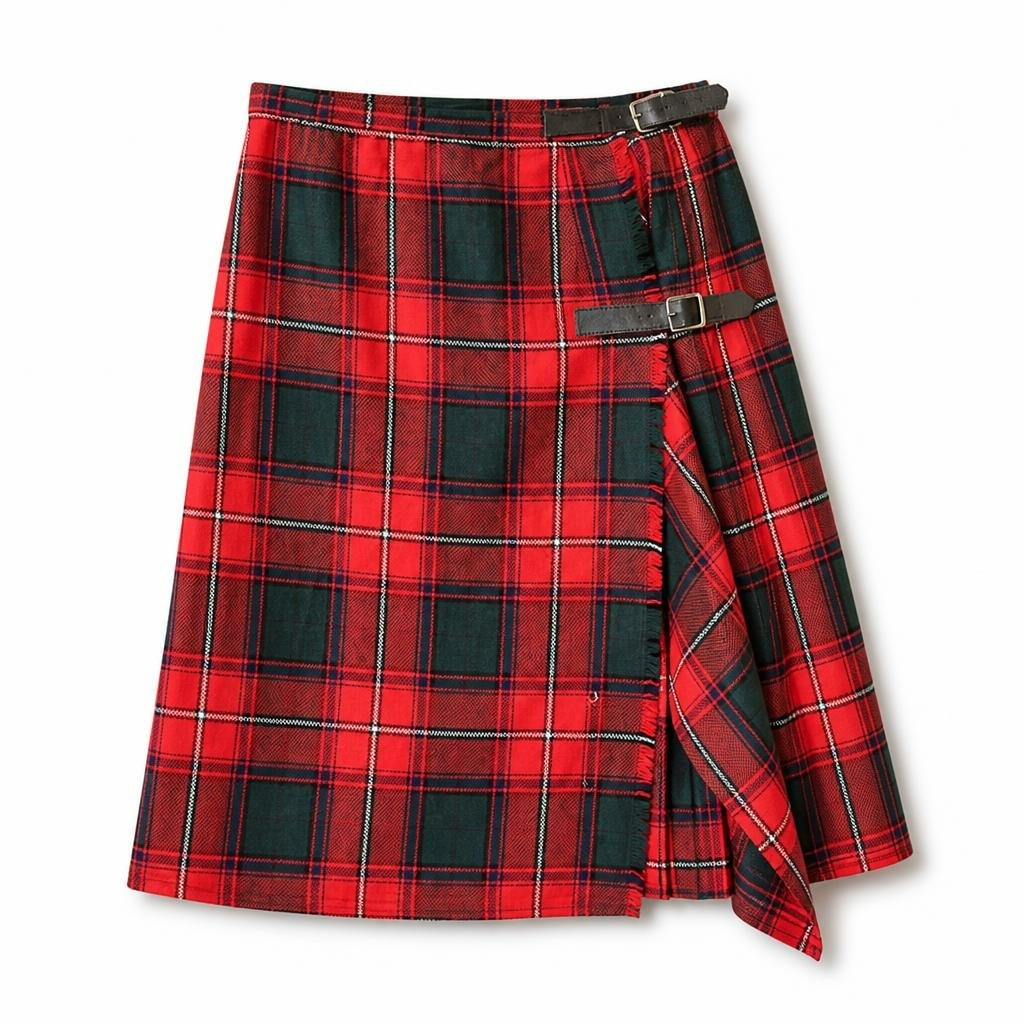 Red Green Tartan Plaid Wrap Mini Skirt - pre-loved at Why Go Less, Lebanon (2)