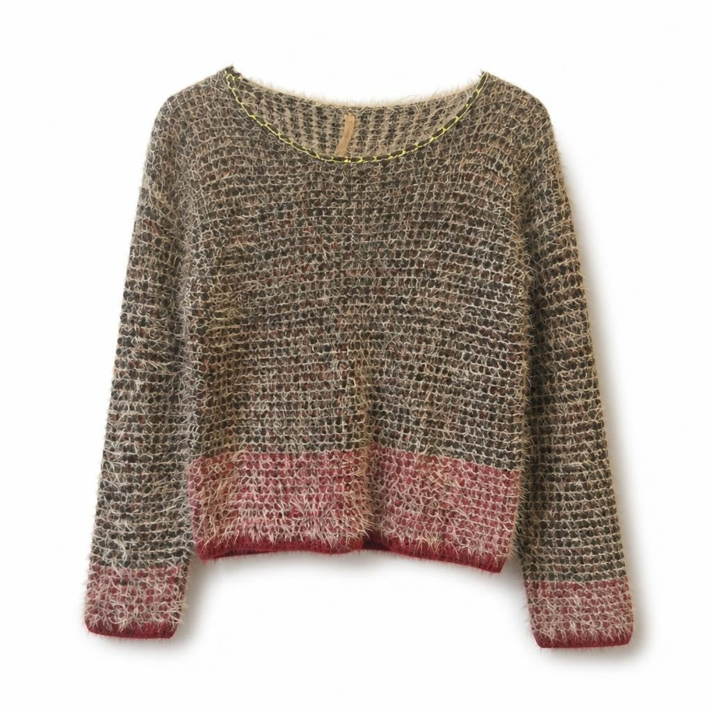 Open-knit Fuzzy Sweater Grey Pink Hem Long Sleeve - pre-loved at Why Go Less, Lebanon (2)