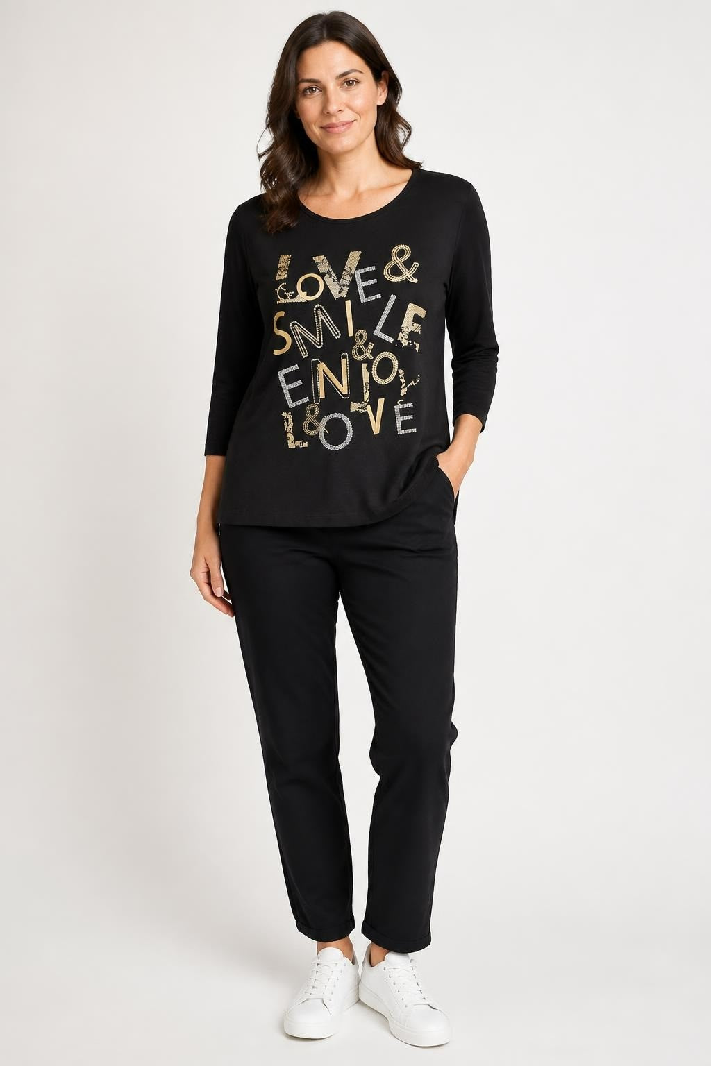 Affinités Black Top Love Smile Enjoy Rhinestone Print - pre-loved at Why Go Less, Lebanon