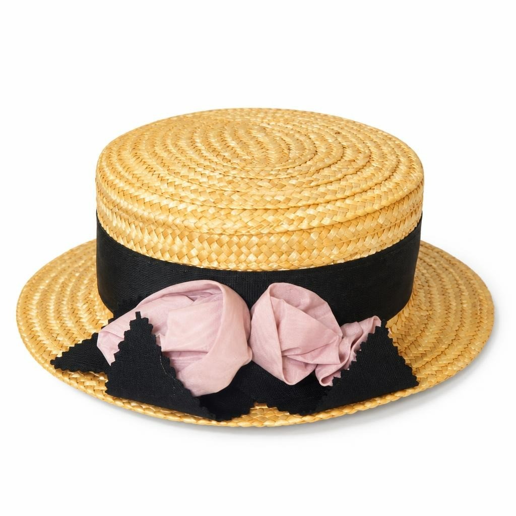 Vintage 60 Years Straw Boater Hat Natural W/ Black Band & Pink Roses - pre-loved at Why Go Less, Lebanon