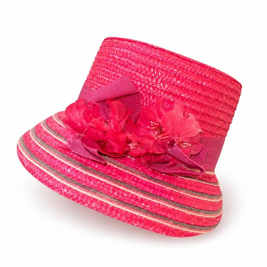 Vintage 60 Years Hot Pink Straw Hat W/ Floral & Ribbon Trim - pre-loved at Why Go Less, Lebanon
