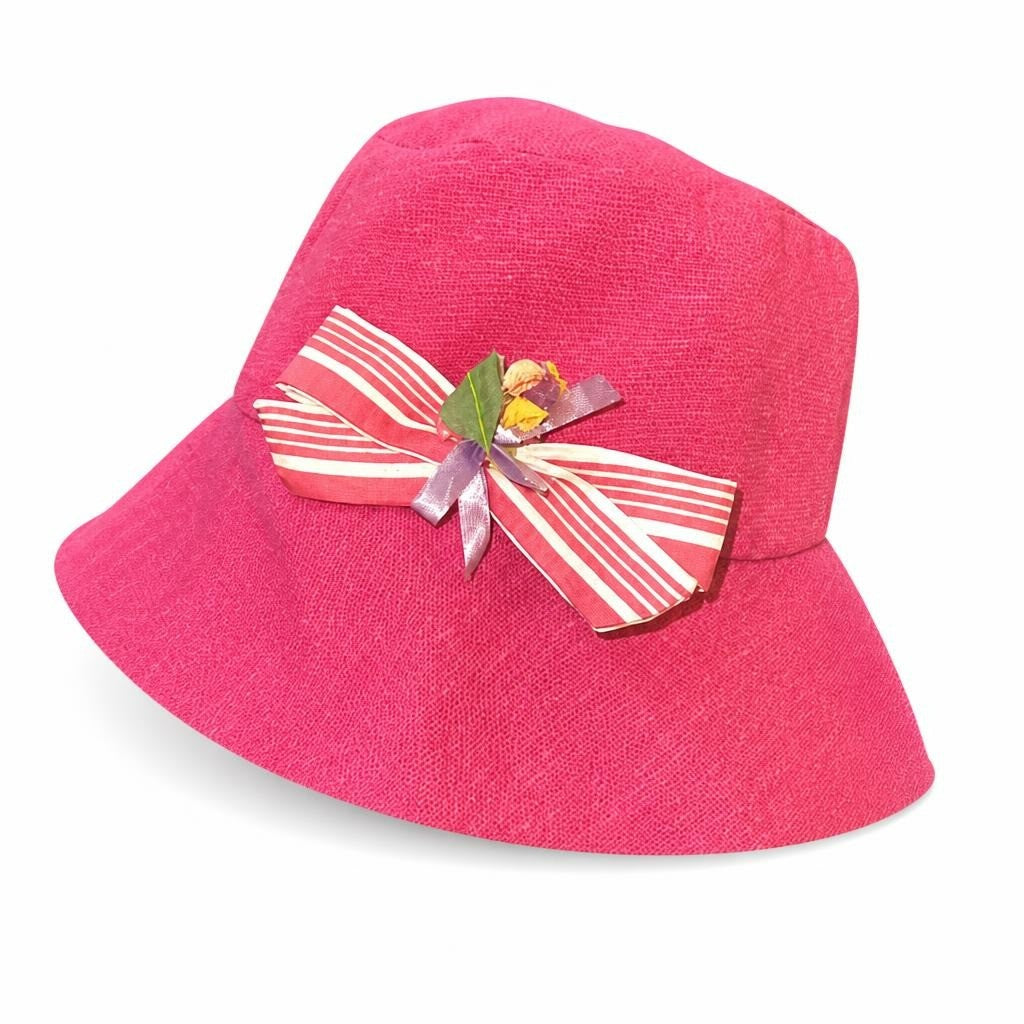 Vintage 60 Years Pink Bucket Hat Linen-look W/ Striped Bow & Flower - pre-loved at Why Go Less, Lebanon