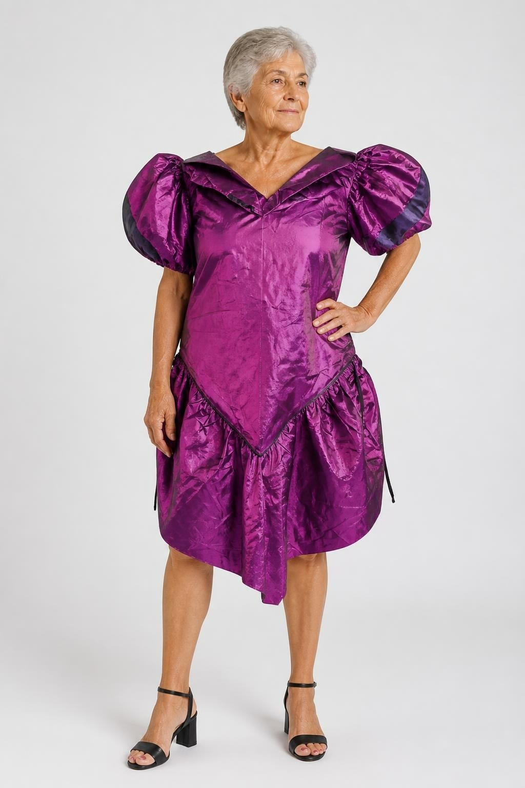 70 Years Vintage Dress Purple Iridescent Taffeta Mini Dress Ruffle Bow - pre-loved at Why Go Less, Lebanon