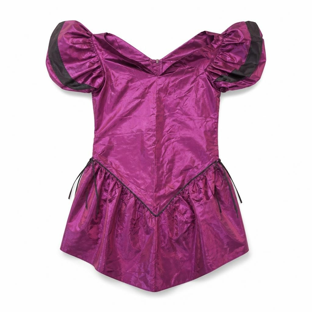 70 Years Vintage Dress Purple Iridescent Taffeta Mini Dress Ruffle Bow - pre-loved at Why Go Less, Lebanon (2)