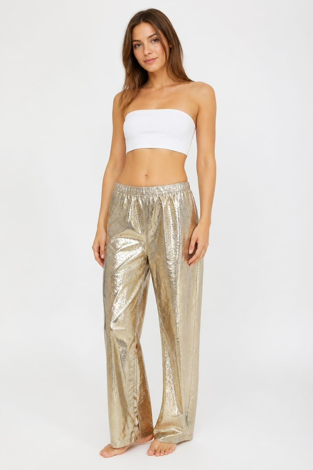 Gold Metallic Shimmer Elasticated Leggings - pre-loved at Why Go Less, Lebanon