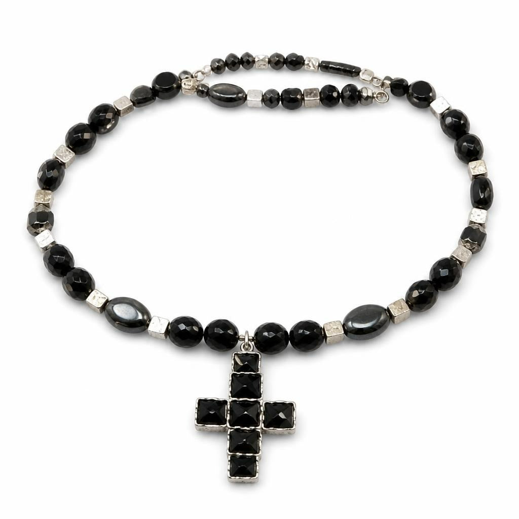 Black Beaded Bracelet with Cross Pendant - pre-loved at Why Go Less, Lebanon