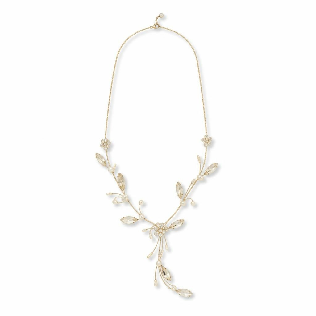 Gold Floral Leaf Crystal Necklace, Delicate - pre-loved at Why Go Less, Lebanon