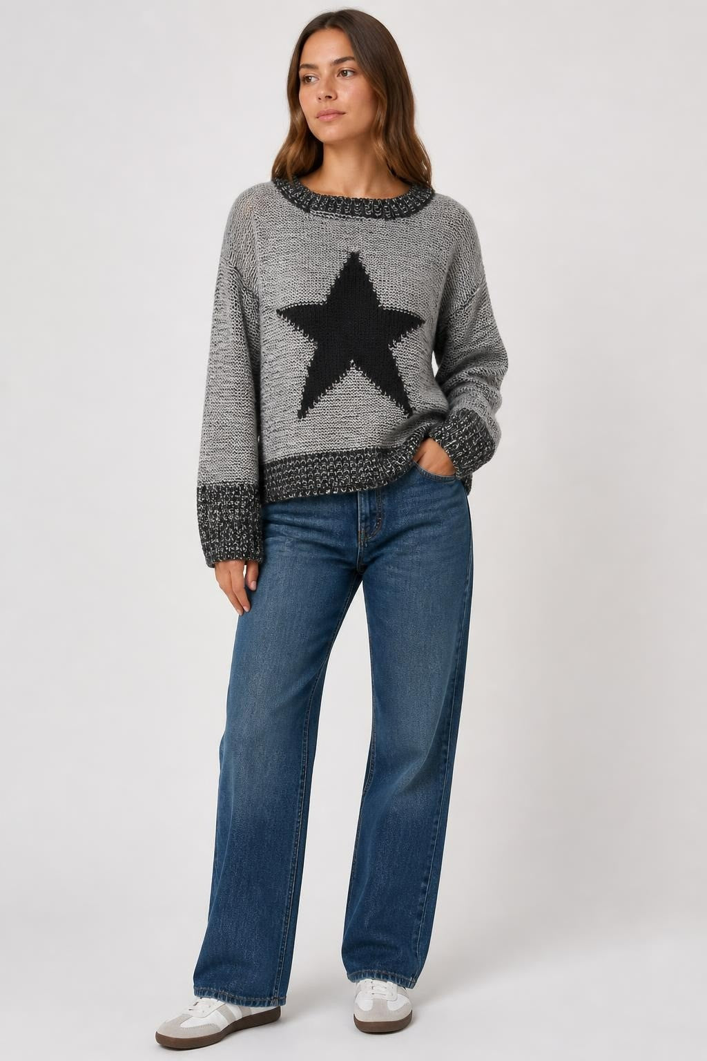 Grey Black Star Knit Sweater Pullover - pre-loved at Why Go Less, Lebanon