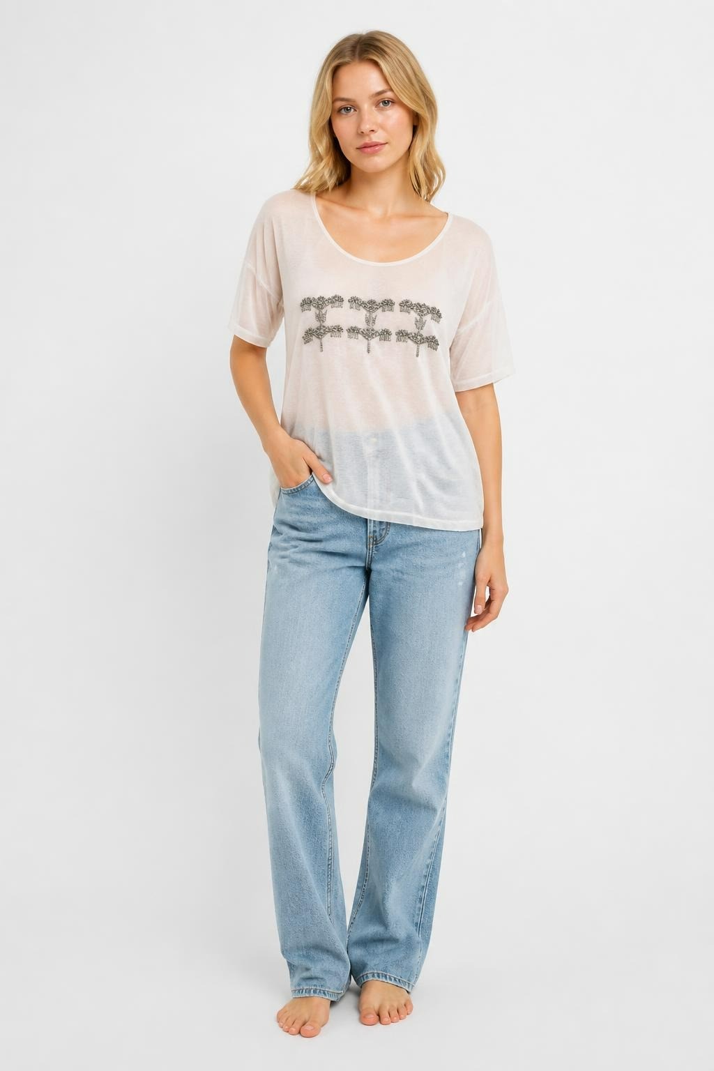 Pink Beaded Embellished Sheer Crop Tee - pre-loved at Why Go Less, Lebanon