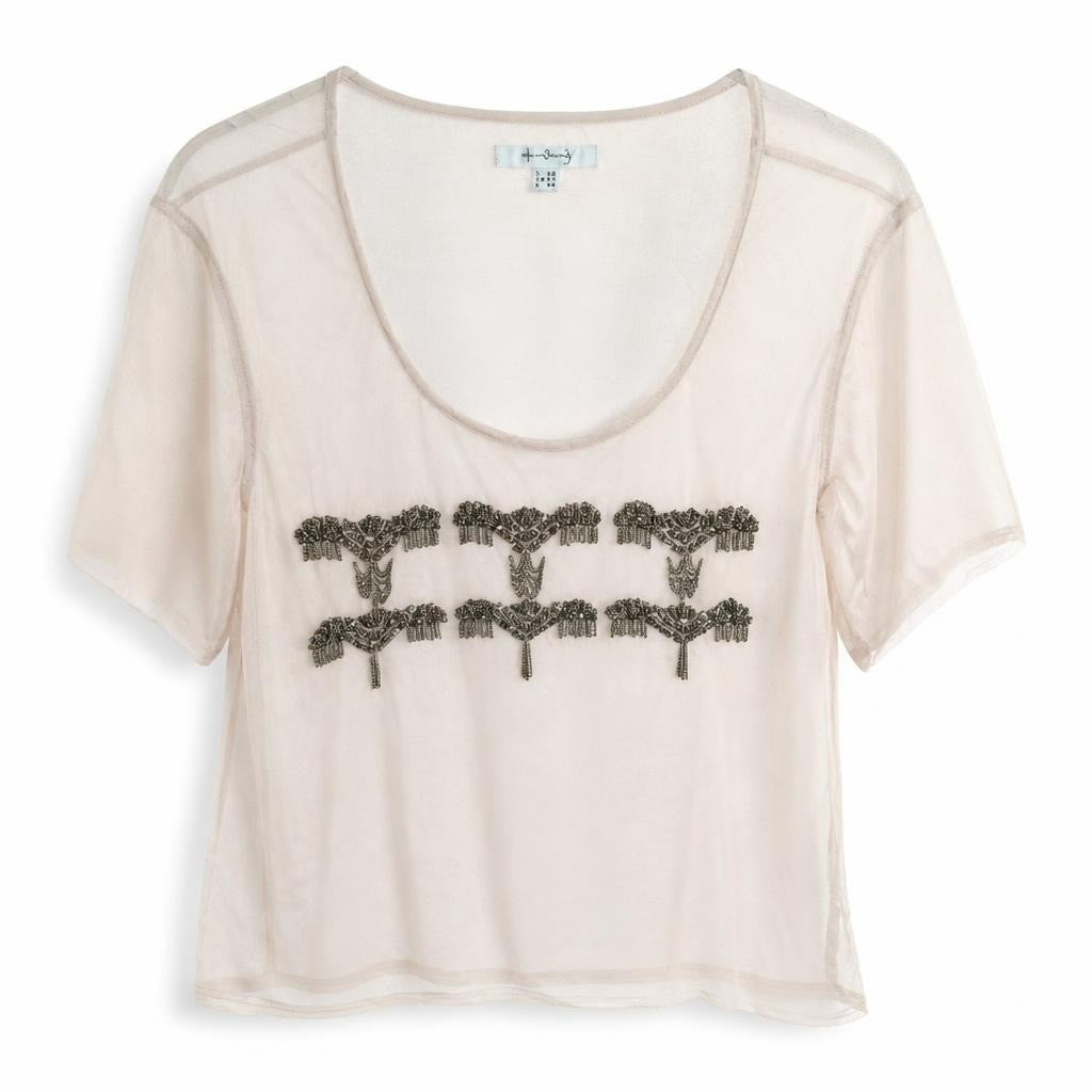 Pink Beaded Embellished Sheer Crop Tee - pre-loved at Why Go Less, Lebanon (2)