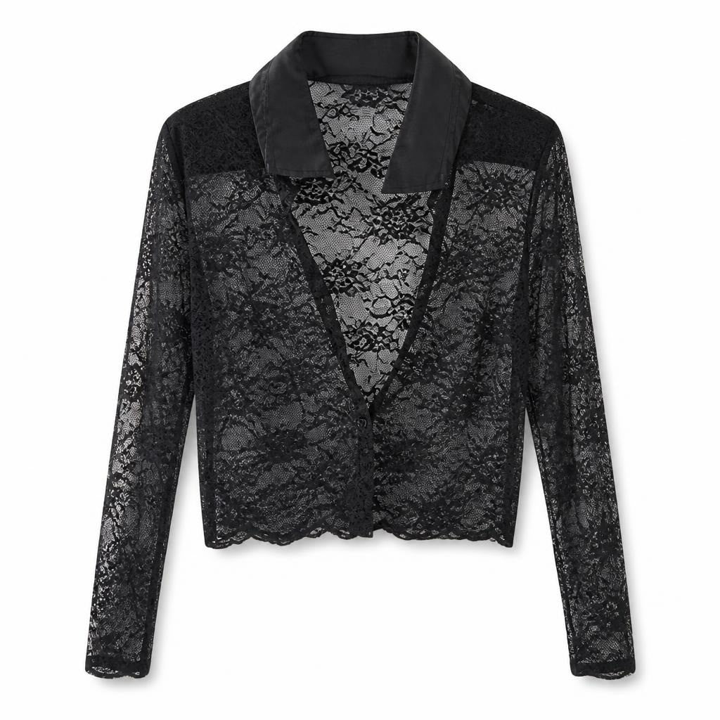 Black Floral Lace Open-front Cropped Jacket - pre-loved at Why Go Less, Lebanon (2)
