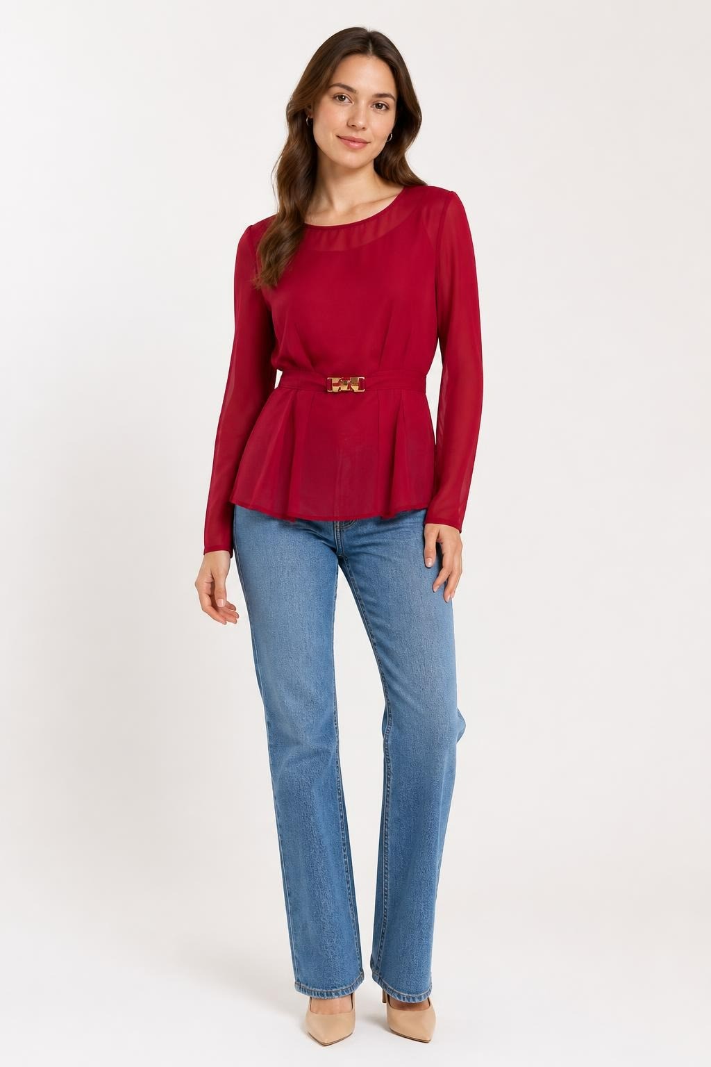 Aylin Red Long-sleeve Belted Blouse, Sheer - pre-loved at Why Go Less, Lebanon