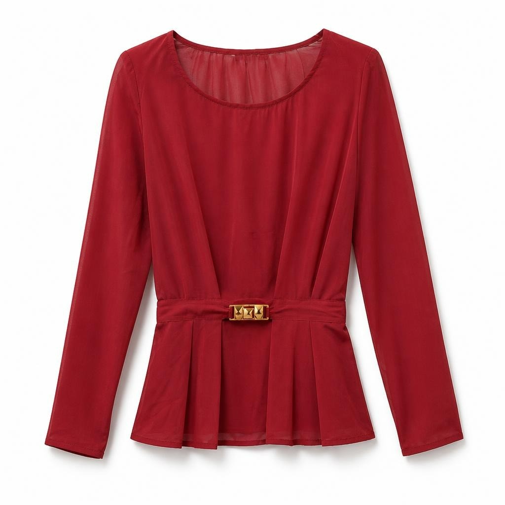 Aylin Red Long-sleeve Belted Blouse, Sheer - pre-loved at Why Go Less, Lebanon (2)