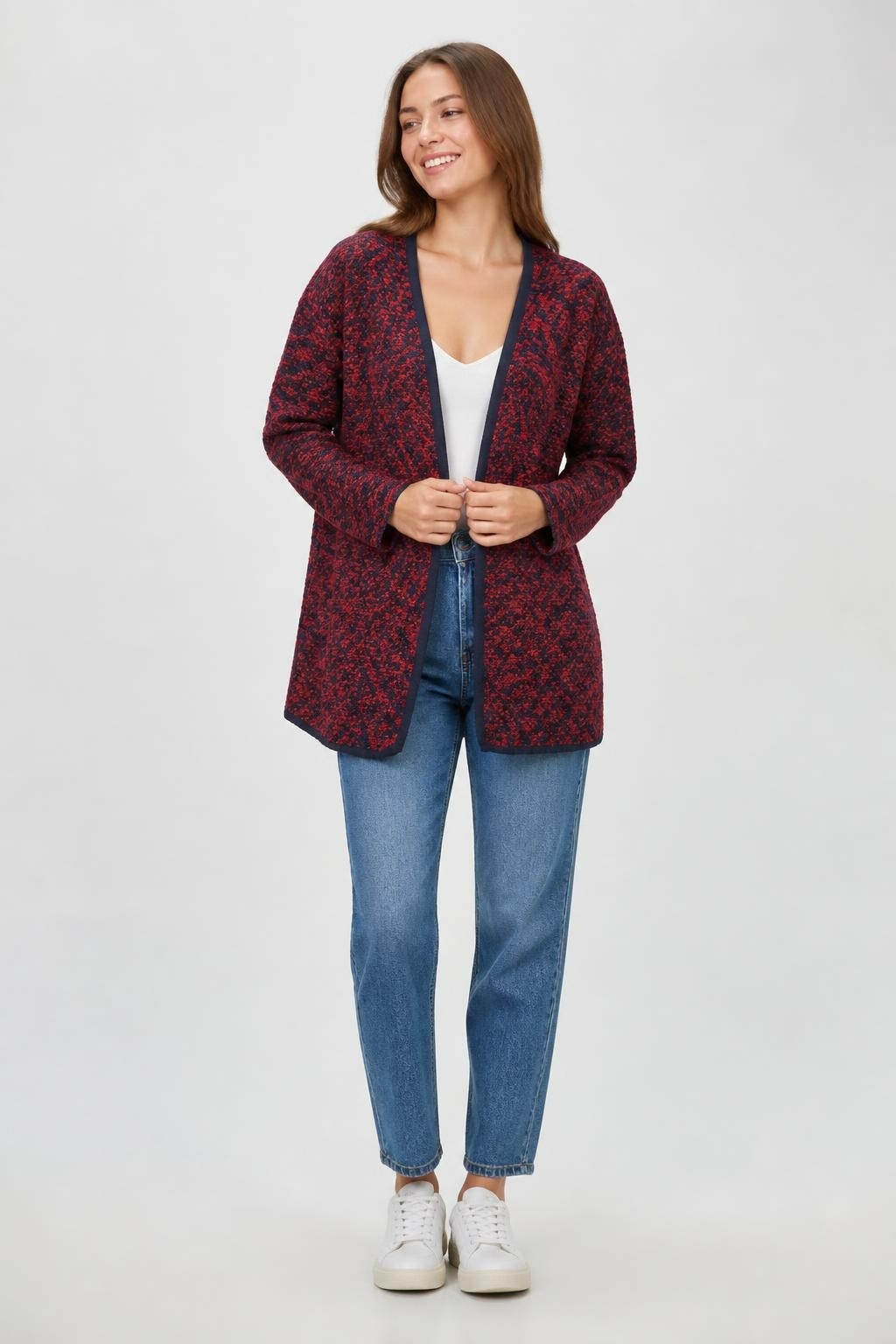 Red and Black Tweed Open-front Jacket - pre-loved at Why Go Less, Lebanon