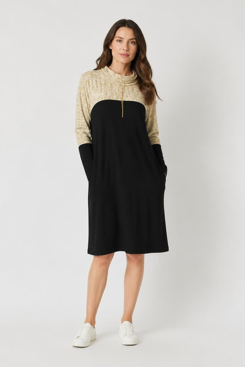 Two-tone Black & Gold Cowl Neck Midi Dress - pre-loved at Why Go Less, Lebanon