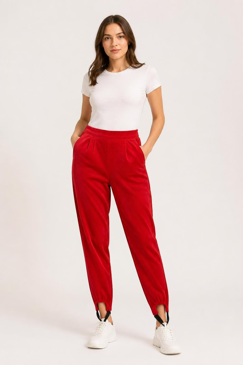 Red Ribbed Stirrup Pants, Vintage Style - pre-loved at Why Go Less, Lebanon