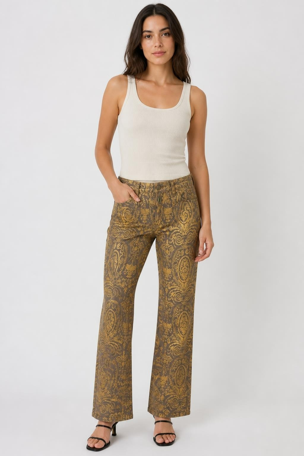 Gold Baroque Jacquard Dress Pants, Ornate Print - pre-loved at Why Go Less, Lebanon