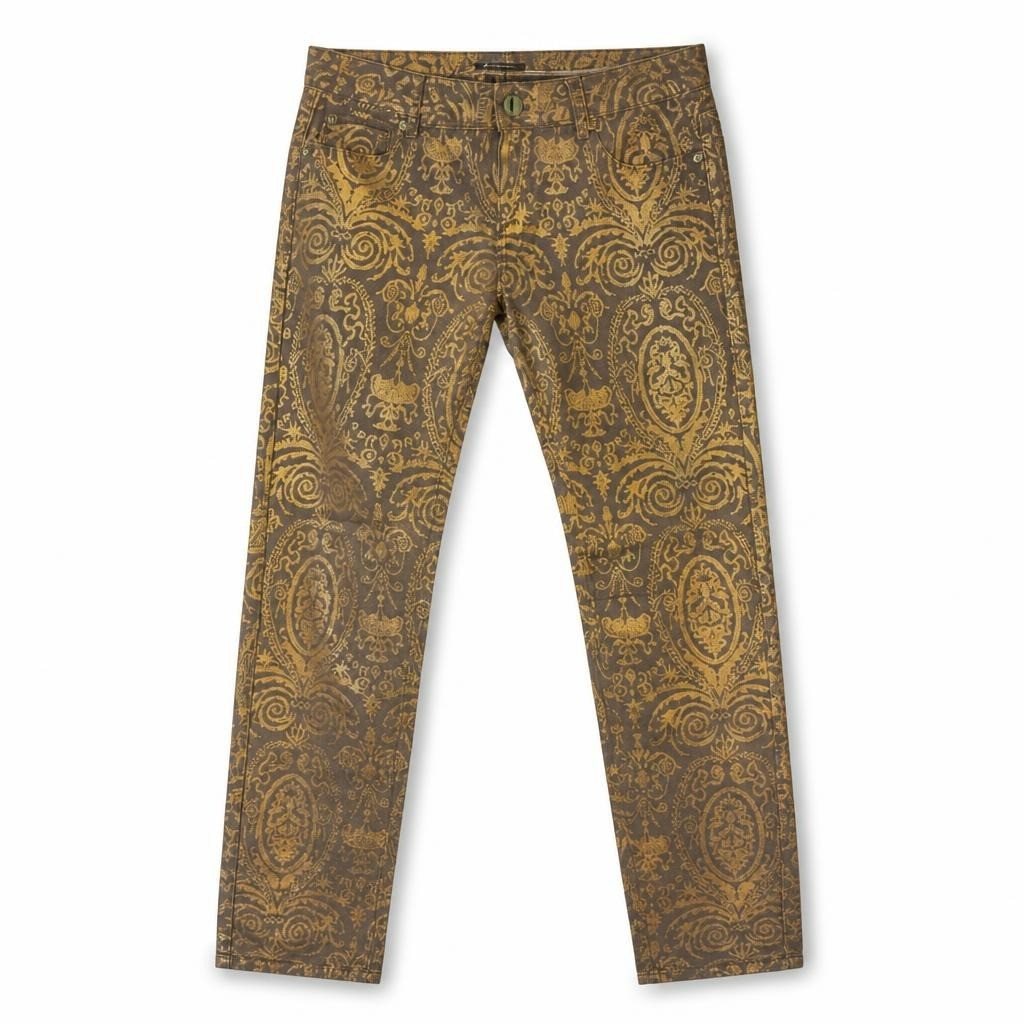 Gold Baroque Jacquard Dress Pants, Ornate Print - pre-loved at Why Go Less, Lebanon (2)