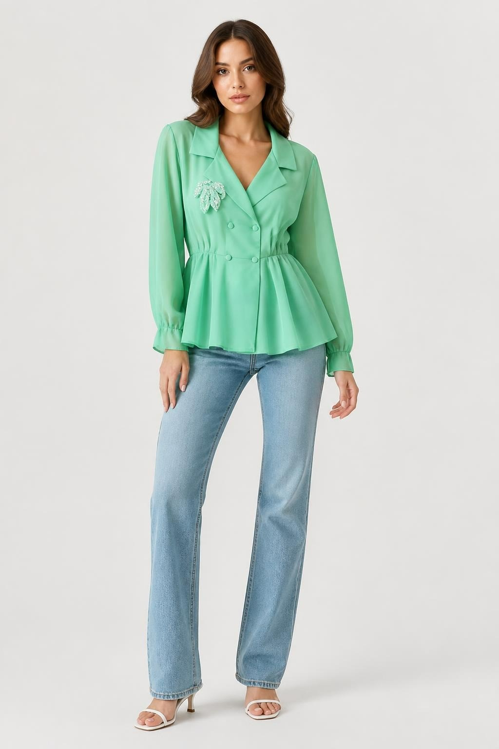 Mint Green Peplum Blazer with Sequin Brooch - pre-loved at Why Go Less, Lebanon
