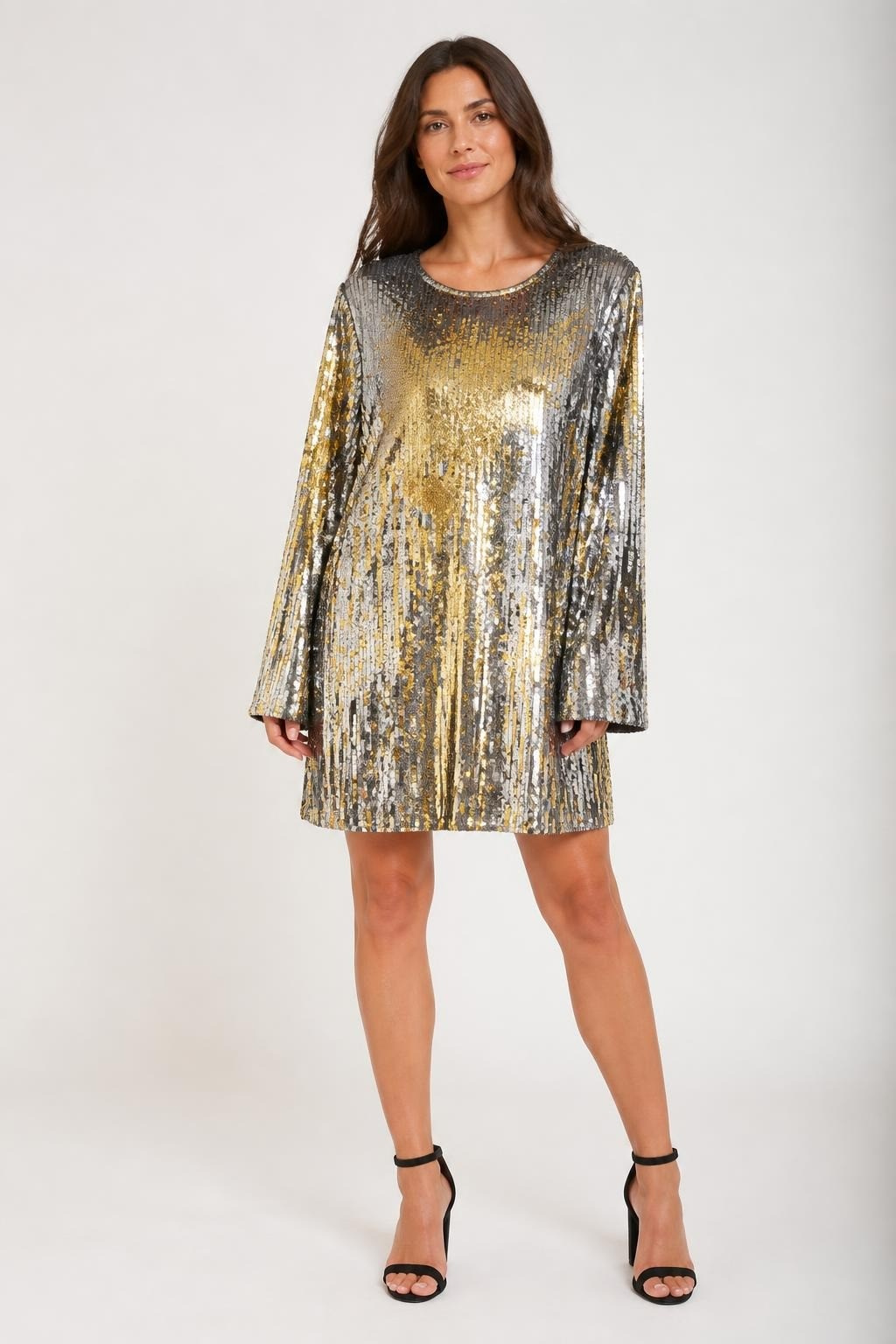 Michael Kors Gold Silver Sequin Long-sleeve Mini Dress - pre-loved at Why Go Less, Lebanon