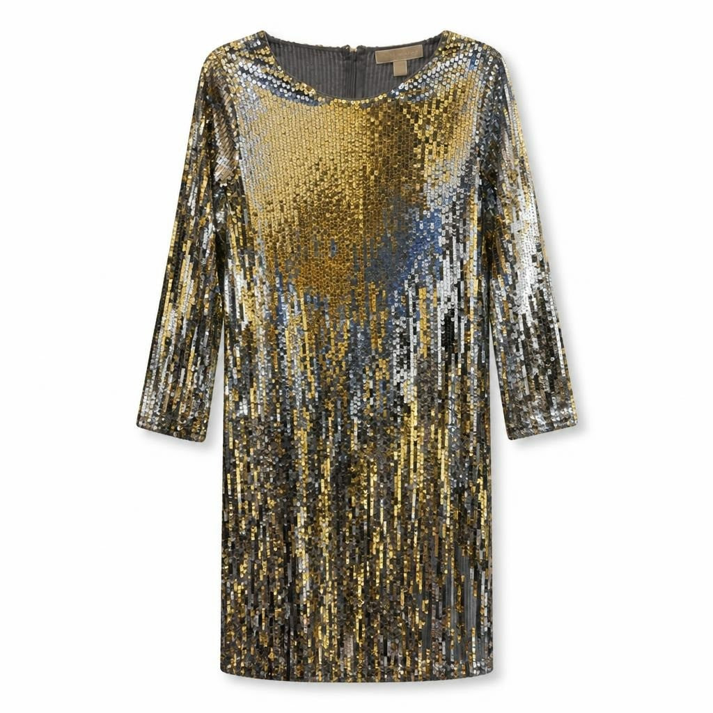 Michael Kors Gold Silver Sequin Long-sleeve Mini Dress - pre-loved at Why Go Less, Lebanon (2)